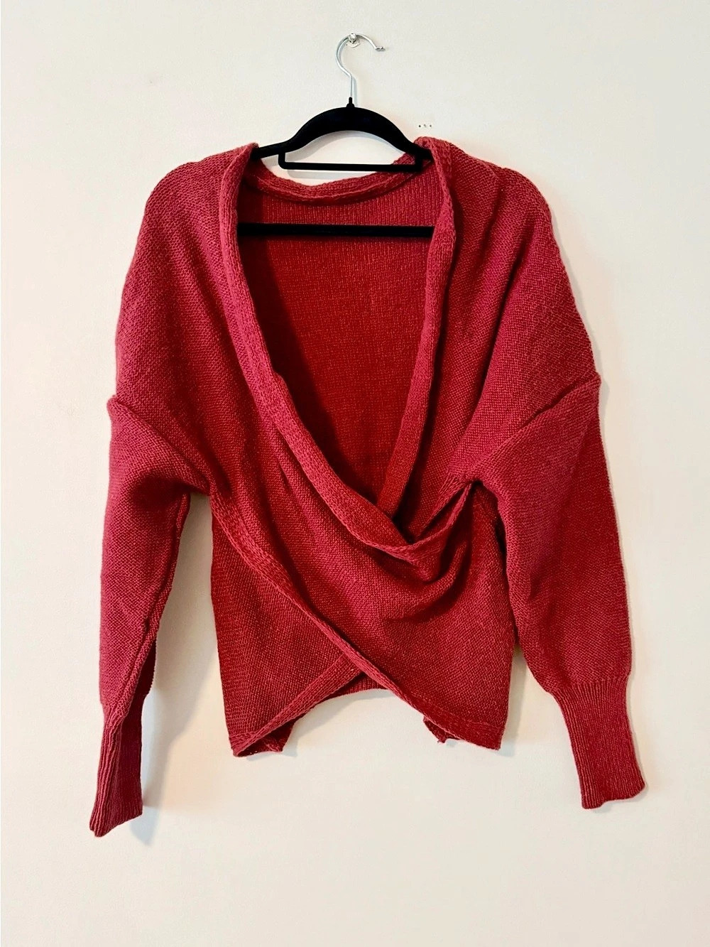 Faux Wrap Pullover Red Draped V-Neck Sweater Red New Large